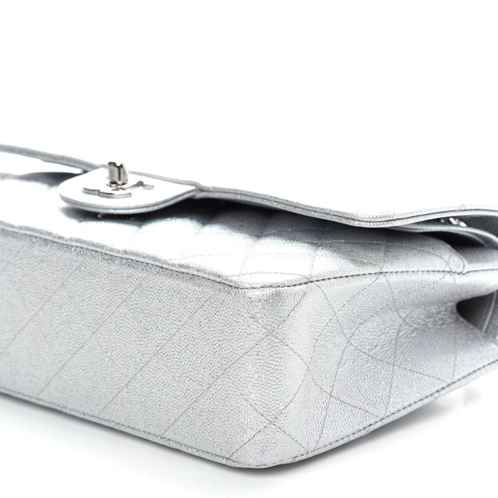 ββ CHANEL 21K Glittered Silver Metallic Caviar Quilted Medium Double Flap CC bag - Picture 9 of 14